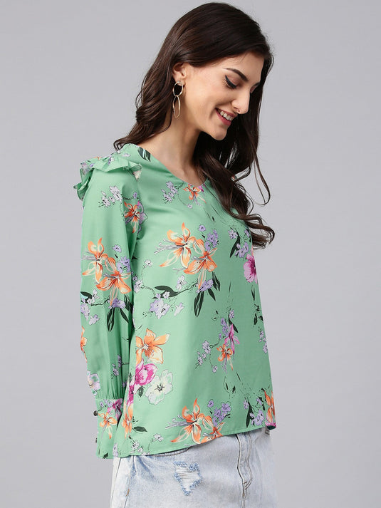 Green Floral Print Top With Shoulder Ruffles