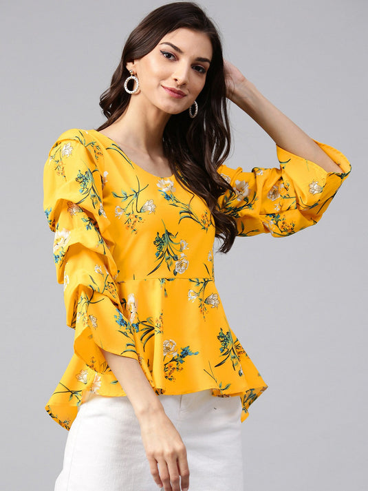 Yellow Floral Printed Peplum Top