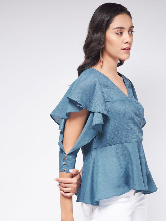 Flaunt Yourself In Solid Overlap Flared Sleeves Top