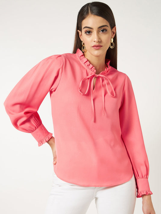 Solid Neck Ruffle Top