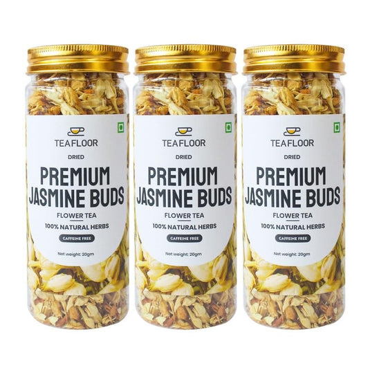 TEAFLOOR 100% Dried Natural Jasmine Buds Flower Tea: Antioxidant haven, Digestive friend in every cup || Perfect for self-care rituals || Whole Flower Buds, Caffein Free || 20g (Pack of 3) ||