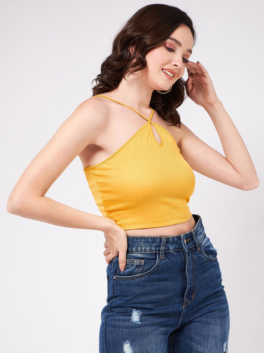 Solid Halter Neck Rib Crop Top