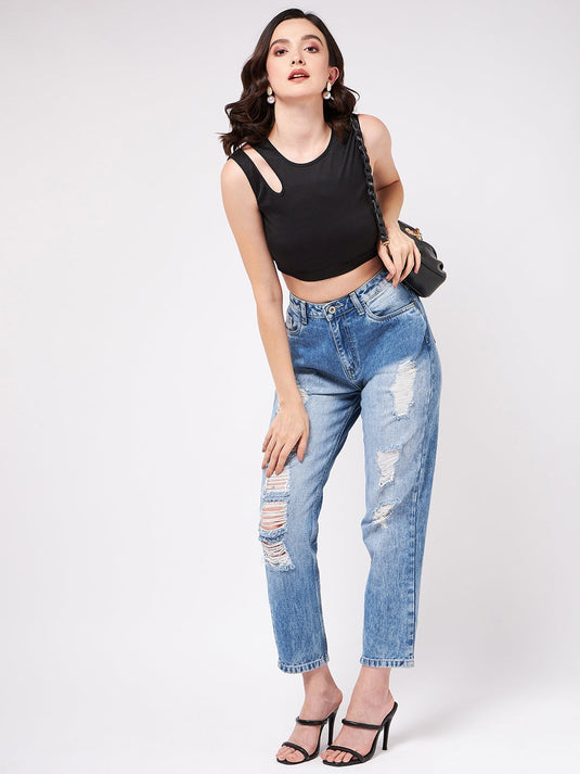 Solid Shoulder Cut-Out Rib Crop Top