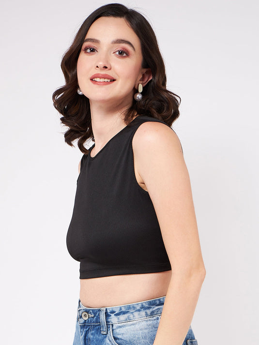 Solid Shoulder Cut-Out Rib Crop Top