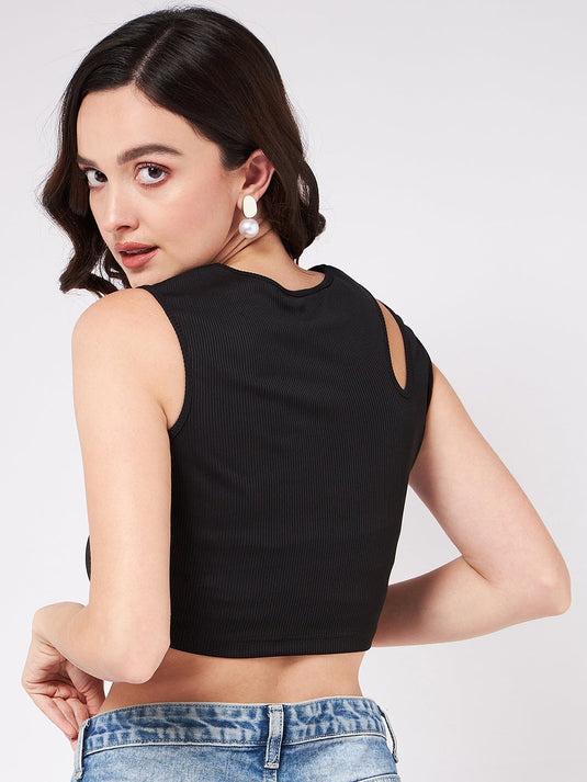 Solid Shoulder Cut-Out Rib Crop Top