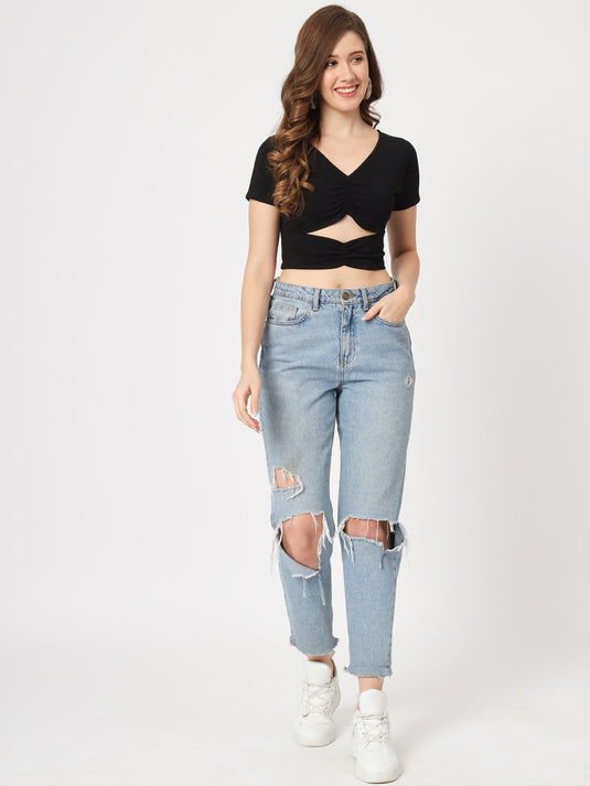 Solid Waist Cut-Out Basic Rib Crop Top