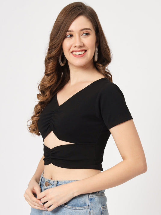 Solid Waist Cut-Out Basic Rib Crop Top