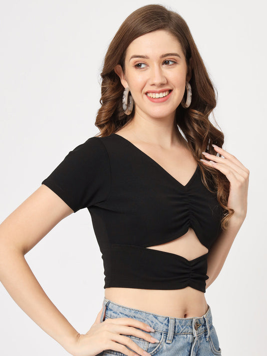 Solid Waist Cut-Out Basic Rib Crop Top