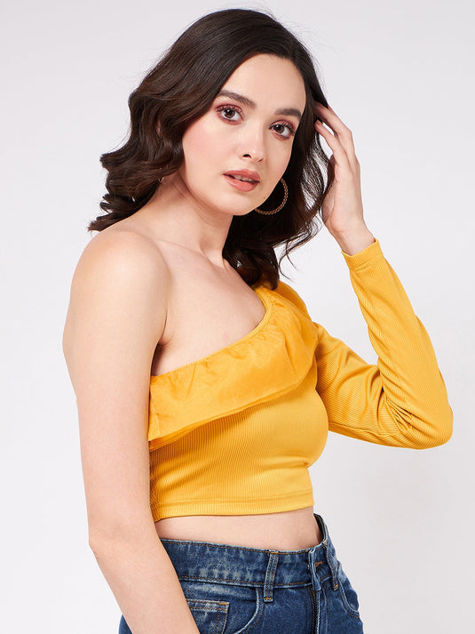 Solid One-Shoulder Crop Top With Organza Ruffles