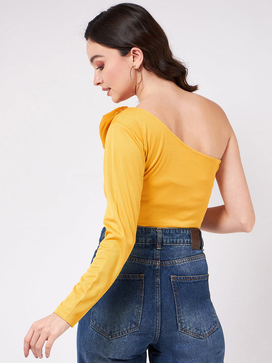 Solid One-Shoulder Crop Top With Organza Ruffles