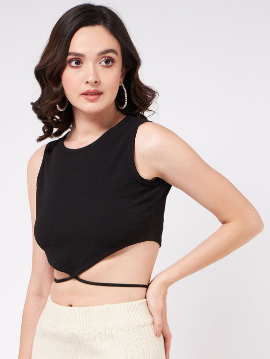 Solid Basic Crop Top With Tie-Up