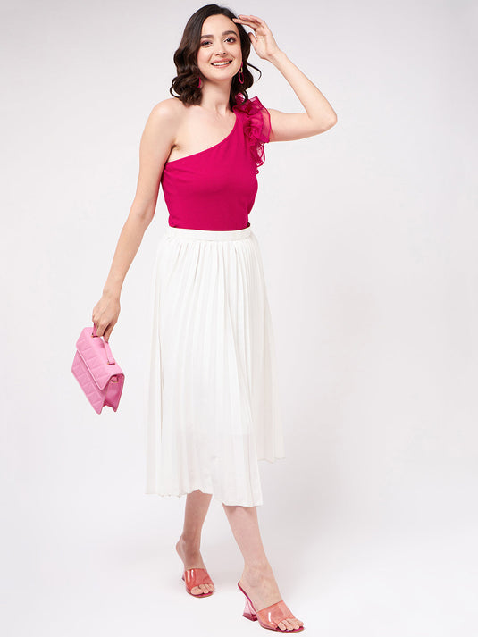 Solid One-Shoulder Top With Side Ruffles