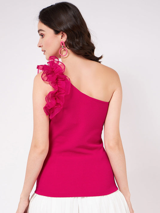 Solid One-Shoulder Top With Side Ruffles