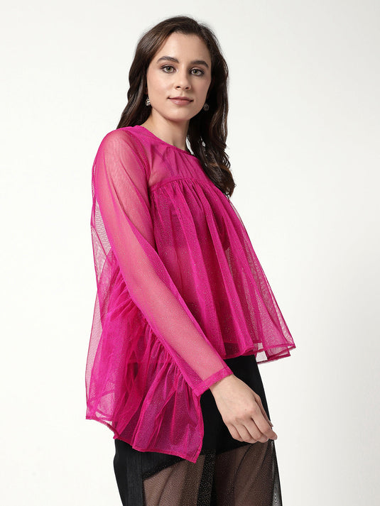 Solid Shimmer Loose Fit Pleated Styling Top