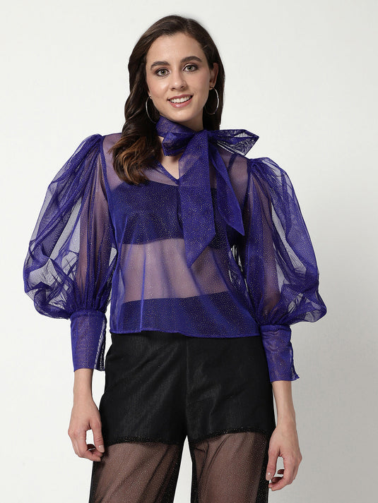 Solid Shimmer Neck Tie-up Sheer Top With Puffy Sleeves