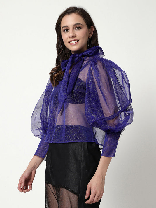 Solid Shimmer Neck Tie-up Sheer Top With Puffy Sleeves