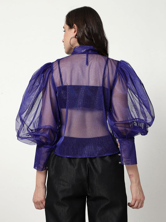 Solid Shimmer Neck Tie-up Sheer Top With Puffy Sleeves