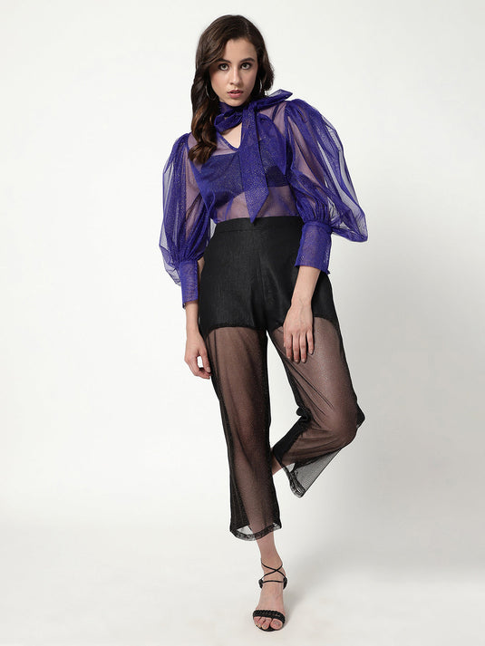 Solid Shimmer Neck Tie-up Sheer Top With Puffy Sleeves