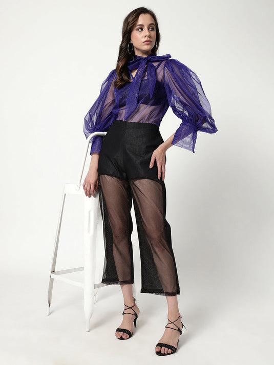 Solid Shimmer Neck Tie-up Sheer Top With Puffy Sleeves