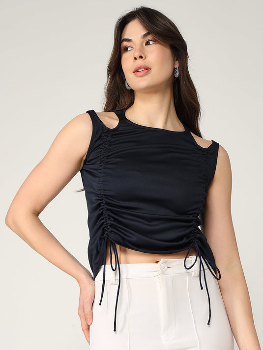 Solid Sleeveless Top With Ruched Drawstring Detailing