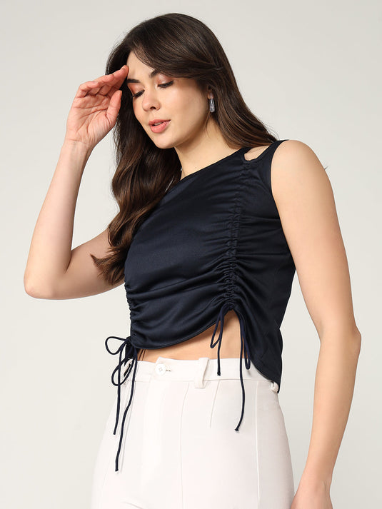 Solid Sleeveless Top With Ruched Drawstring Detailing