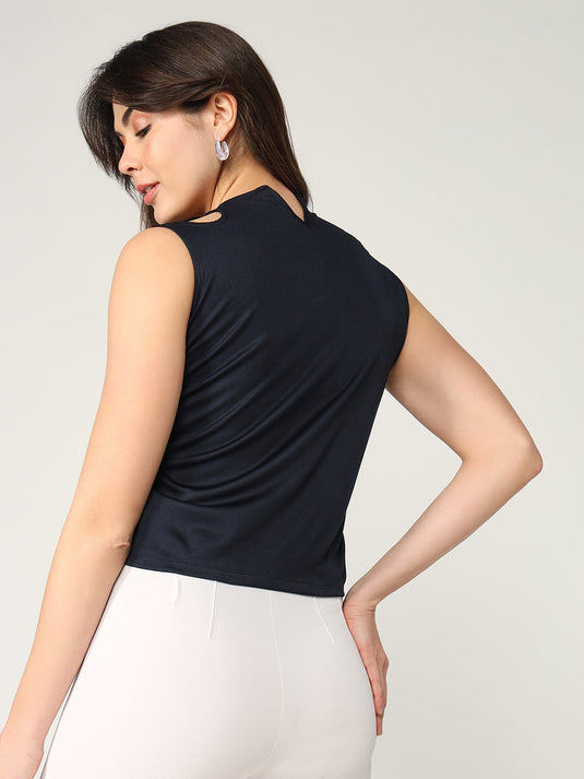 Solid Sleeveless Top With Ruched Drawstring Detailing