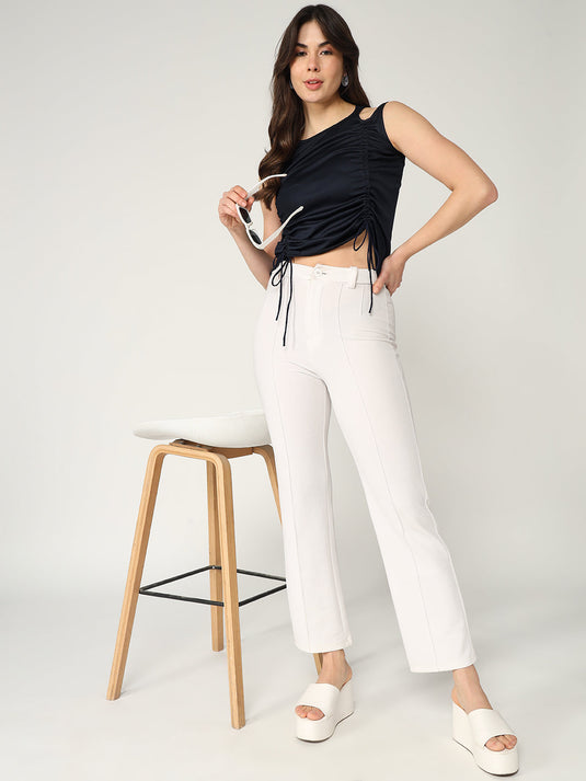 Solid Sleeveless Top With Ruched Drawstring Detailing