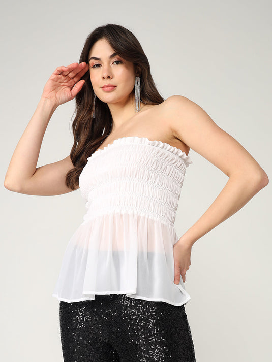 Solid Semi-Sheer Tube Style Smocked Top