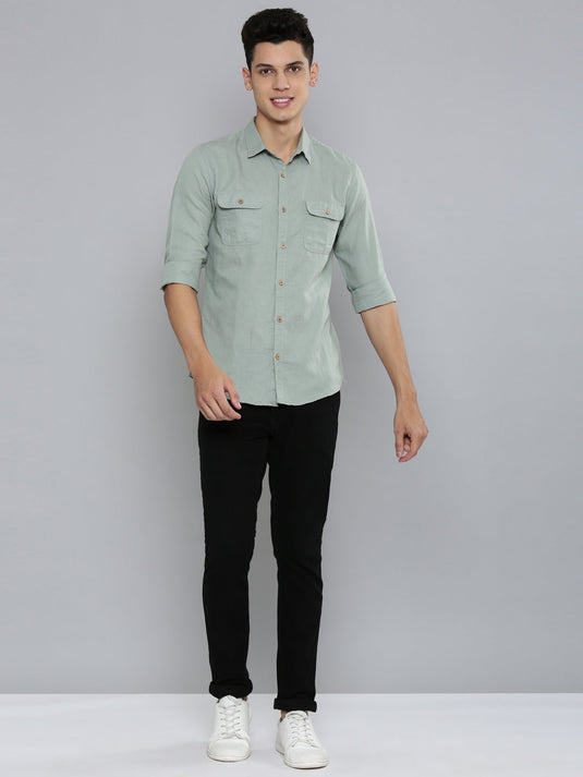 Men Hemp Lily Green Double Pocket Utility Shirt