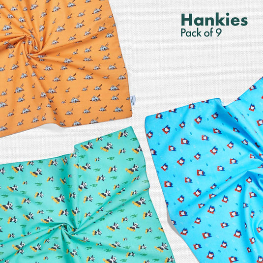 Animalholic! + Happy High! + TBC! The Boss Collection! Unisex Hankies, 100% Organic Cotton, Pack of 9