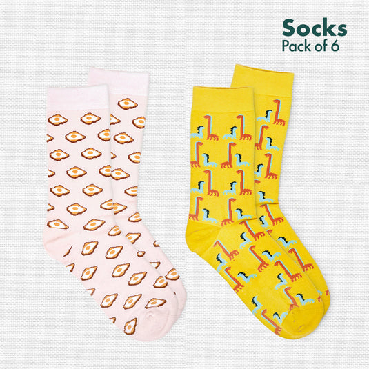 Foodgasm Series 1! + Animalholic Series 1! Unisex Socks, 100% Organic Cotton, Crew Length, Pack of 6