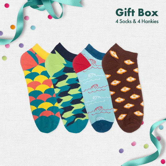 Photo-synthesis! Sibling Love Gift Box, 4 Unisex Ankle Length Socks + 4 Hankies, 100% Organic Cotton, Gift Box of 8