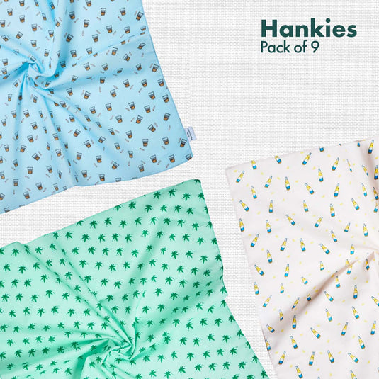 Travelicious! + Happy High! + Now You Sea Me! Unisex Hankies, 100% Organic Cotton, Pack of 9