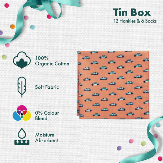 GMT! Giraffe Mood Time! Tin Gift Box, 12 Men's Hankies + 6 Unisex Ankle Length Socks, 100% Organic Cotton, Box of 18