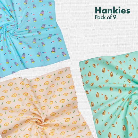 Foodgasm Series 1! + Series 2! + Beach Please! Unisex Hankies, 100% Organic Cotton, Pack of 9