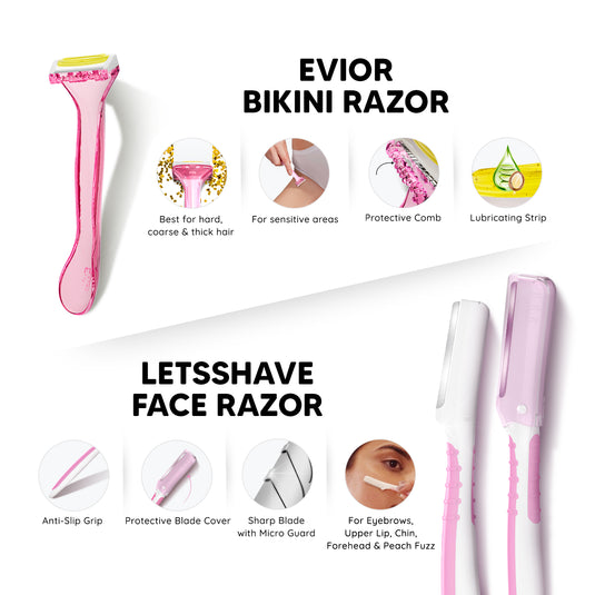 LetsShave Evior Trial Pack Sensitive Kit | Evior Trial Pack +Women Face Razor+Bikini Razor+ Transparent Shave Gel 30ml +Body Lotion 30ml | Complete Gift Set for Women