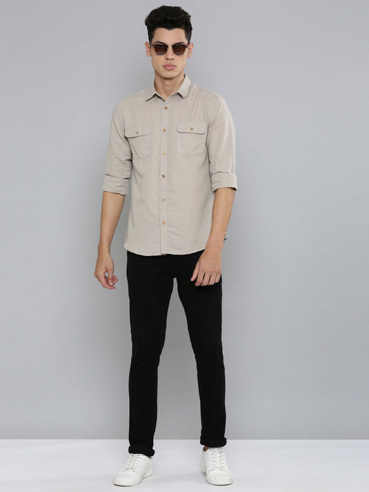 Men Hemp Beige Double Pocket Utility Shirt