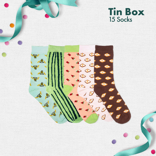 Peacock A Boo! Tin Gift Box, Unisex Crew Length Socks, 100% Organic Cotton, Box Of 15