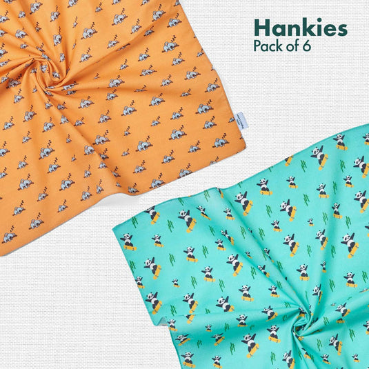 Animalholic! + Travelicious! Unisex Hankies, 100% Organic Cotton, Pack of 6