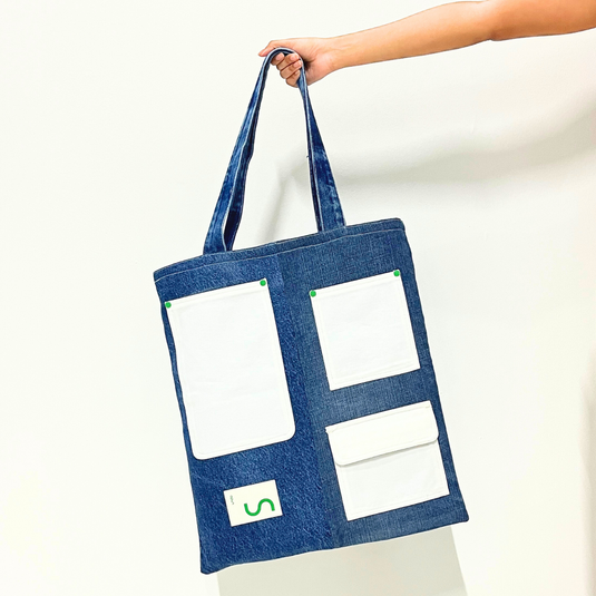 Multi-Pocket Reversible Denim Tote Bag