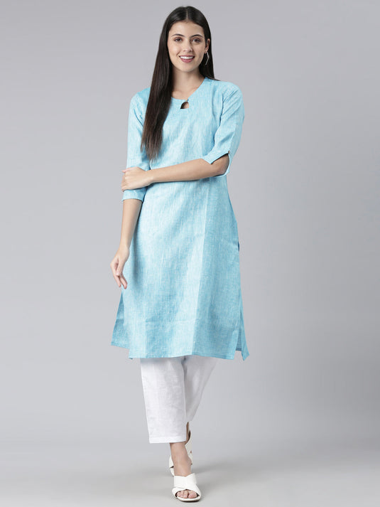 Women Solid Blue and White Kurta Set