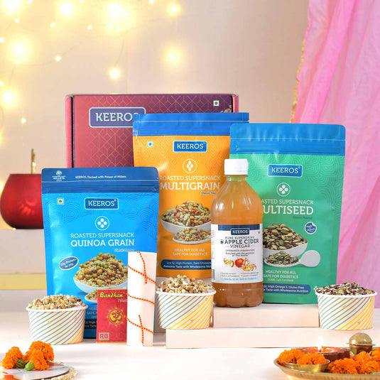 Keeros Healthy Bhai Dooj Gift Hamper for Your Brother with Tikka Pack : Combo of Sweet & Salted, Tasty & Nutritious Roasted Super Snacks & Health Drink in Premium Gift Box | Combo of 3 Super Snacks & Apple Cider