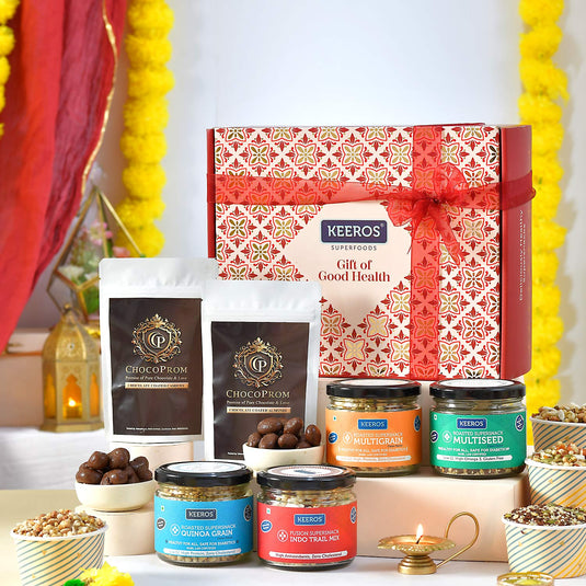 Healthy Diwali Gift Hamper | Combo of Sweet & Salted, Tasty & Nutritious Snacks Jars & Chocolate Coated Nuts Packs with Brass Diya in a Premium Gift Pack for Diwali