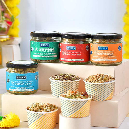 Healthy Diwali Gift Hamper | Combo of Sweet & Salted, Tasty & Nutritious Snacks Jars & Chocolate Coated Nuts Packs with Brass Diya in a Premium Gift Pack for Diwali