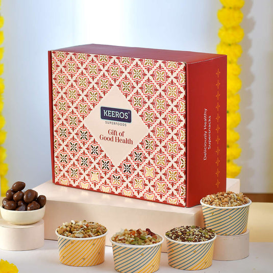 Healthy Diwali Gift Hamper | Combo of Sweet & Salted, Tasty & Nutritious Snacks Jars & Chocolate Coated Nuts Packs with Brass Diya in a Premium Gift Pack for Diwali