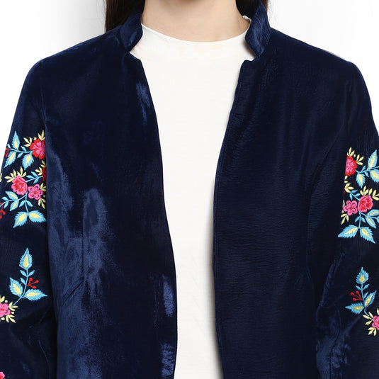 Solid Embroidered Front Open Blazer