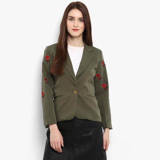 Pastel Solid Collared Blazer With Embroidery