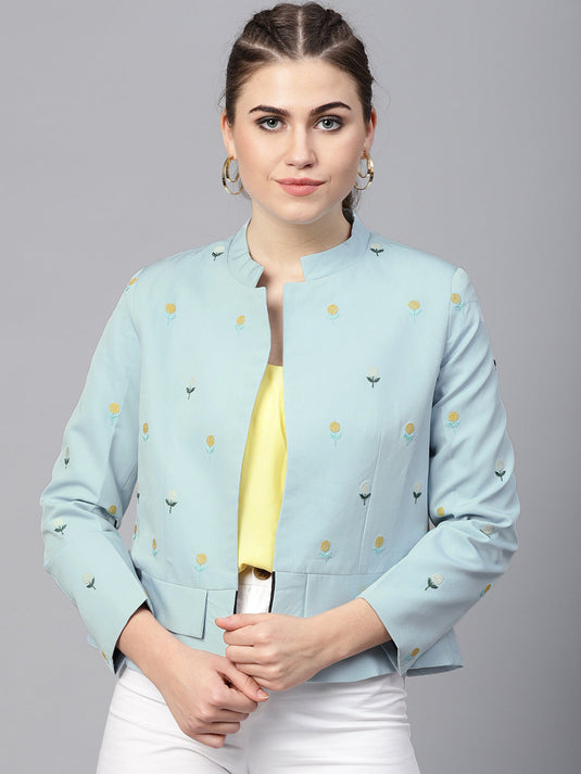 Pastel Solid Fake Pocket Embroidered Blazer