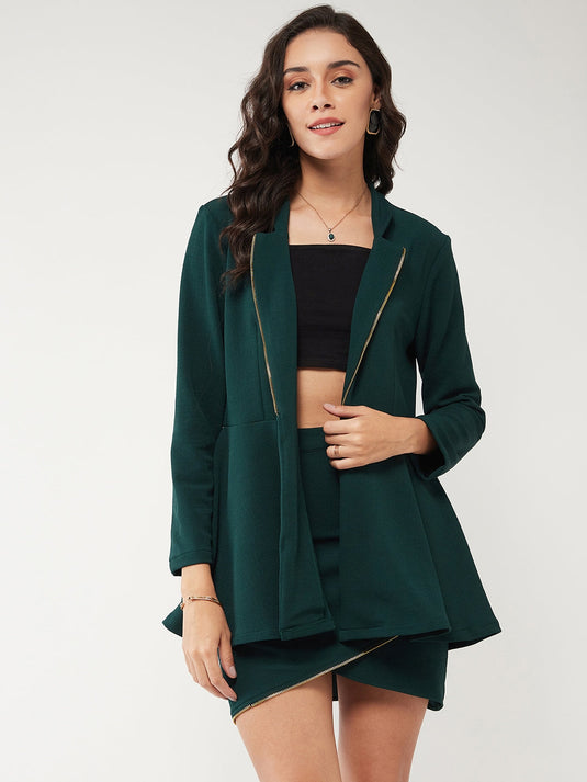 Solid Peplum Blazer With Zipper Lapel