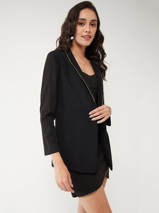 Solid Peplum Blazer With Zipper Lapel